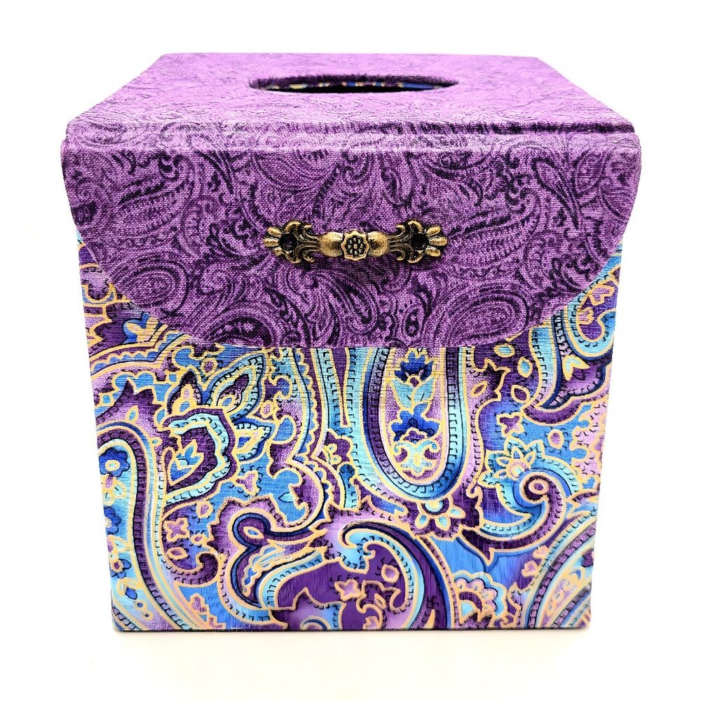 Fabric Covered Tissue Box Holder, Elegant Home Decor, Purple & Gold Paisley